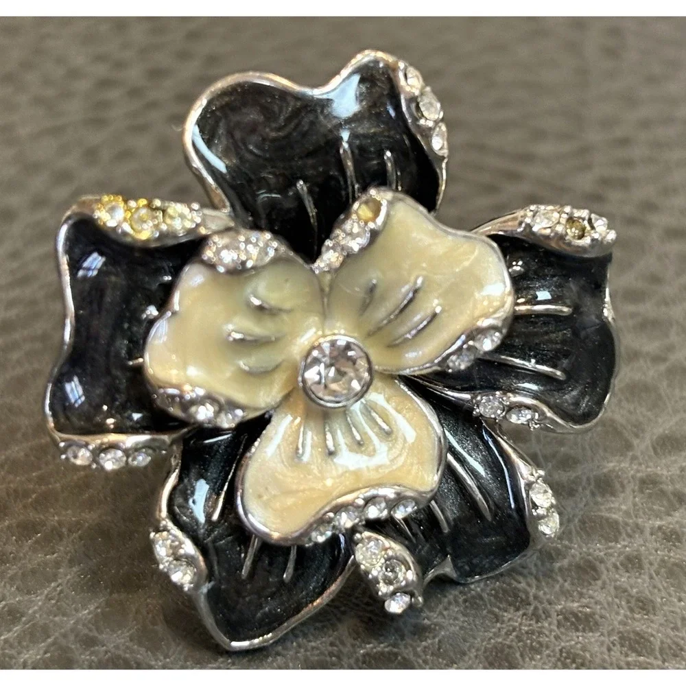 Vintage Huge Black Enamel Rhinestone Flower Silver Tone Statement Ring Size 6.5